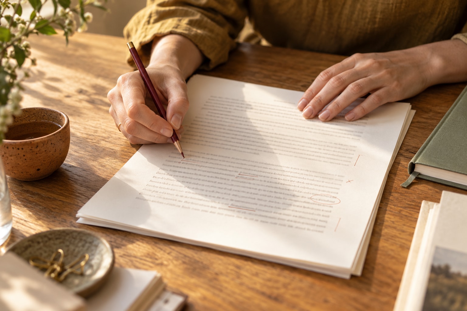 Close-up of hands marking corrections on a printed proof in warm afternoon light.