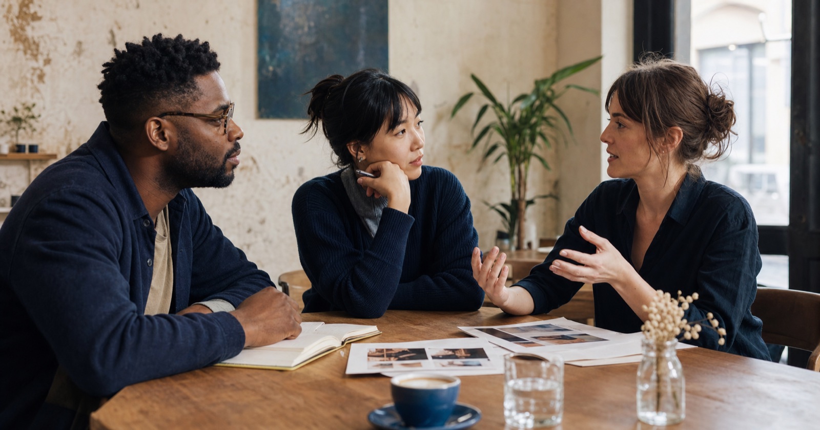 A Black man, East Asian woman and white woman in a focused conversation around a small table.