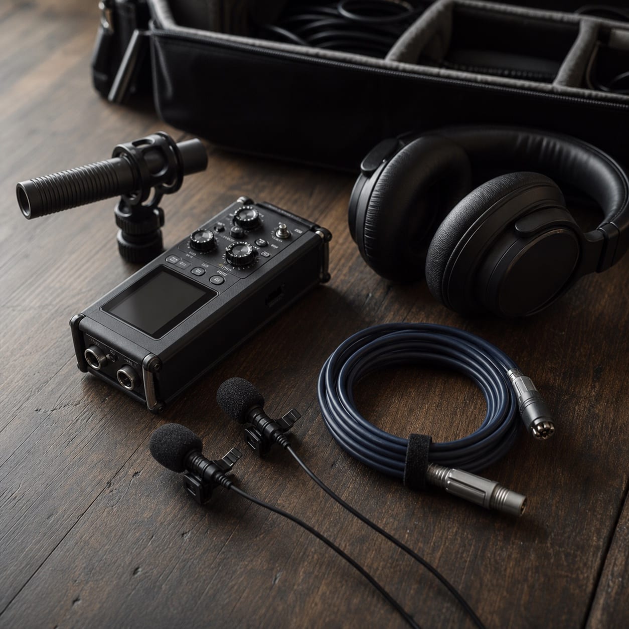 A field recorder, microphones, headphones and audio cables arranged on a wooden table.