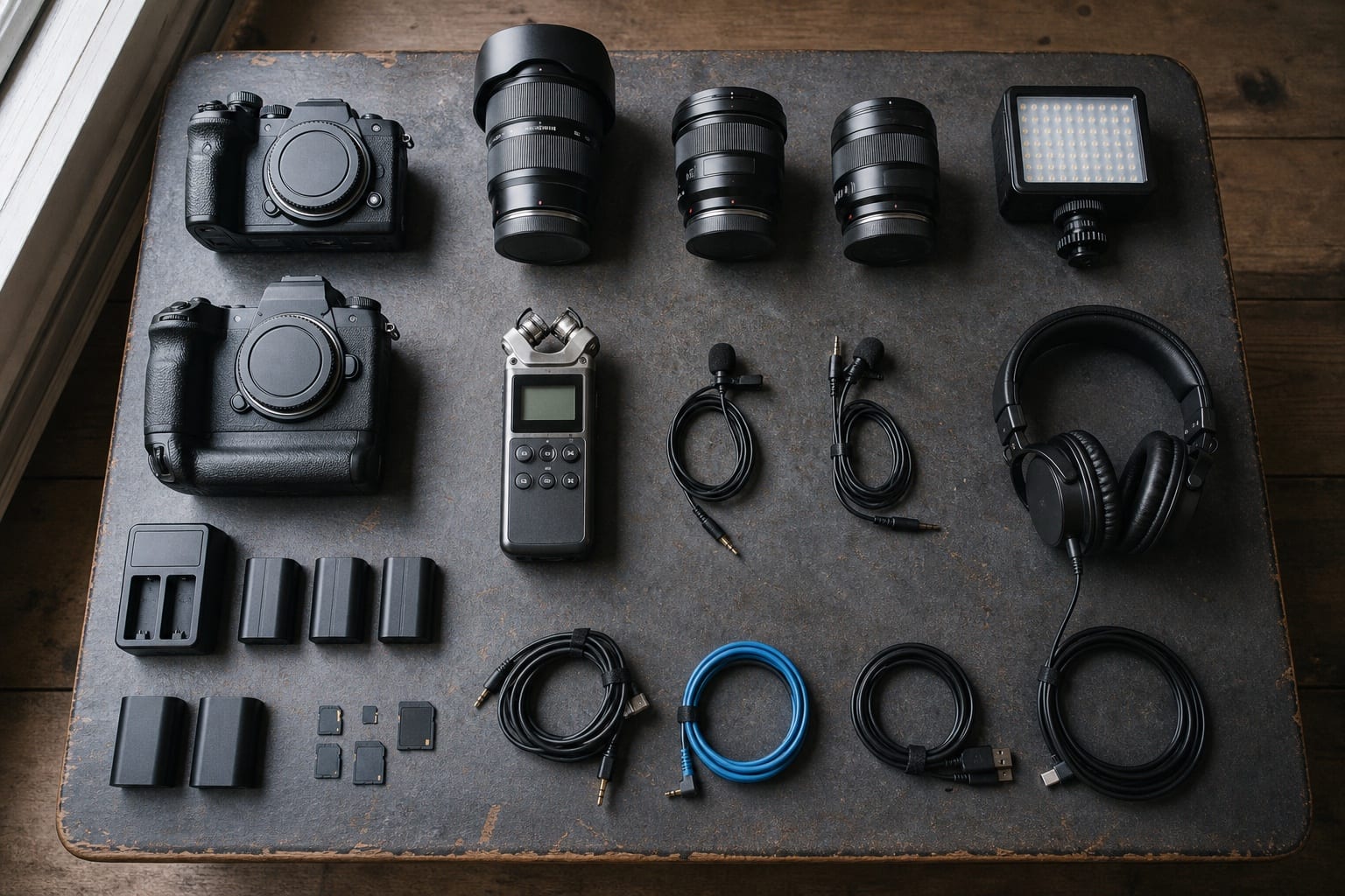 Camera bodies, lenses, audio equipment, batteries and cables organised on a work table.