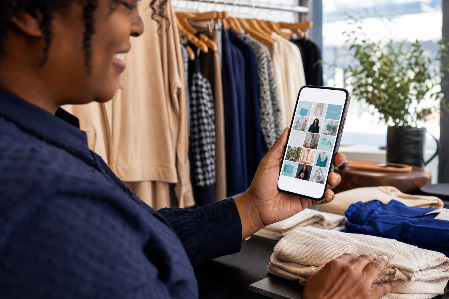 A Black clothing-shop owner reviewing a coordinated social media grid on a phone.