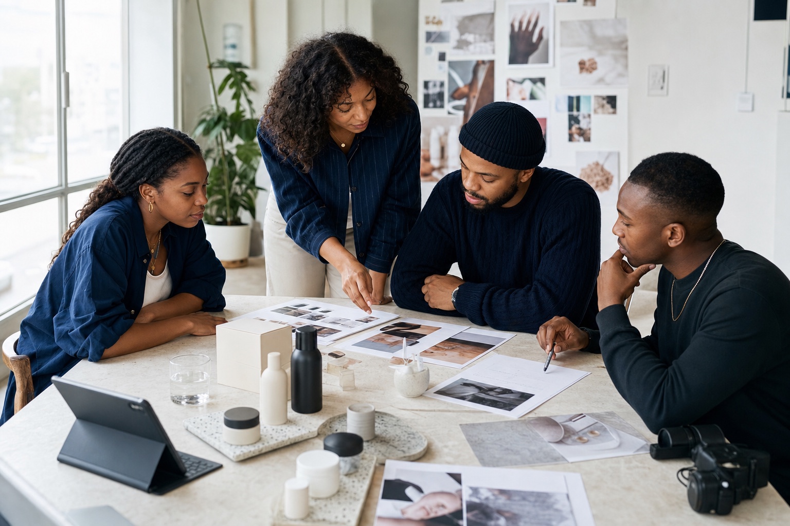 Black creators and a brand team developing a campaign around a studio table.