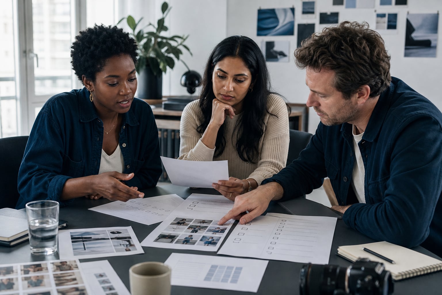 A Black creator, South Asian brand manager and white producer reviewing approval sheets and campaign contact sheets together.