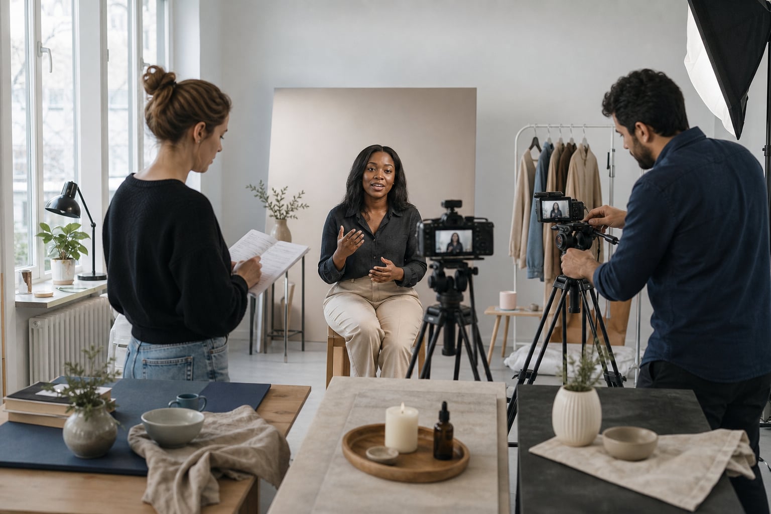 A Black woman creator filming several planned setups with a white producer and Middle Eastern camera operator in a compact studio.