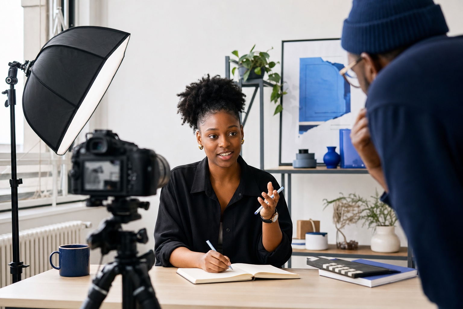 A Black creator recording a planned video with a producer behind the camera.
