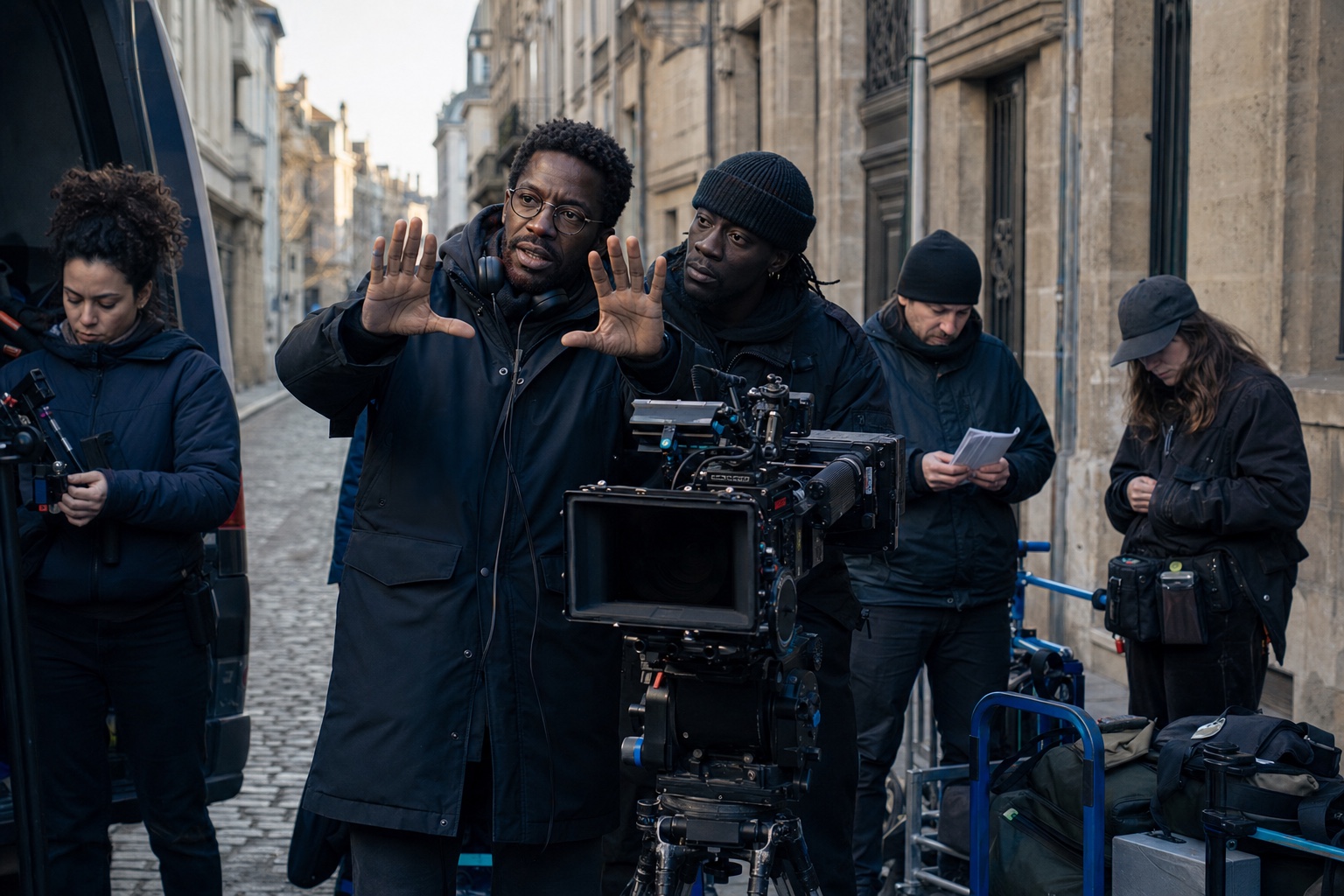 A Black director and cinematographer preparing a location shoot on a European street.