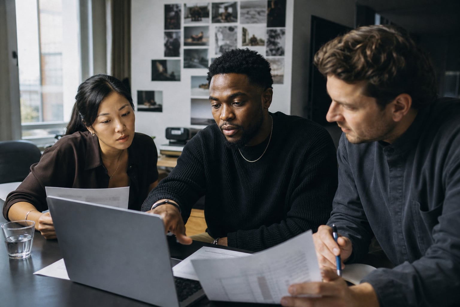 A Black creator reviewing campaign delivery and reporting documents with an East Asian producer and white partnerships manager.
