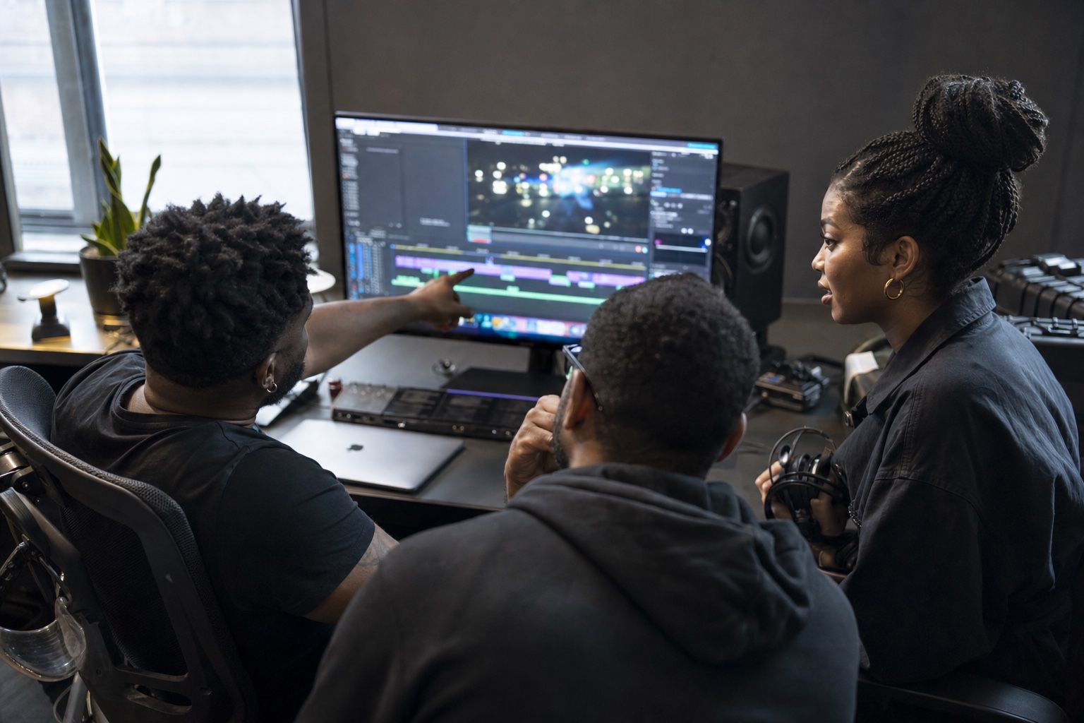 Three Black creatives reviewing an edit together in a compact post-production suite.
