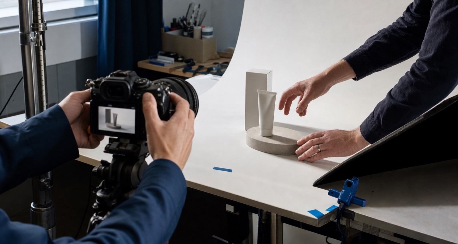 Hands adjusting a product arrangement in front of a camera in a compact studio.