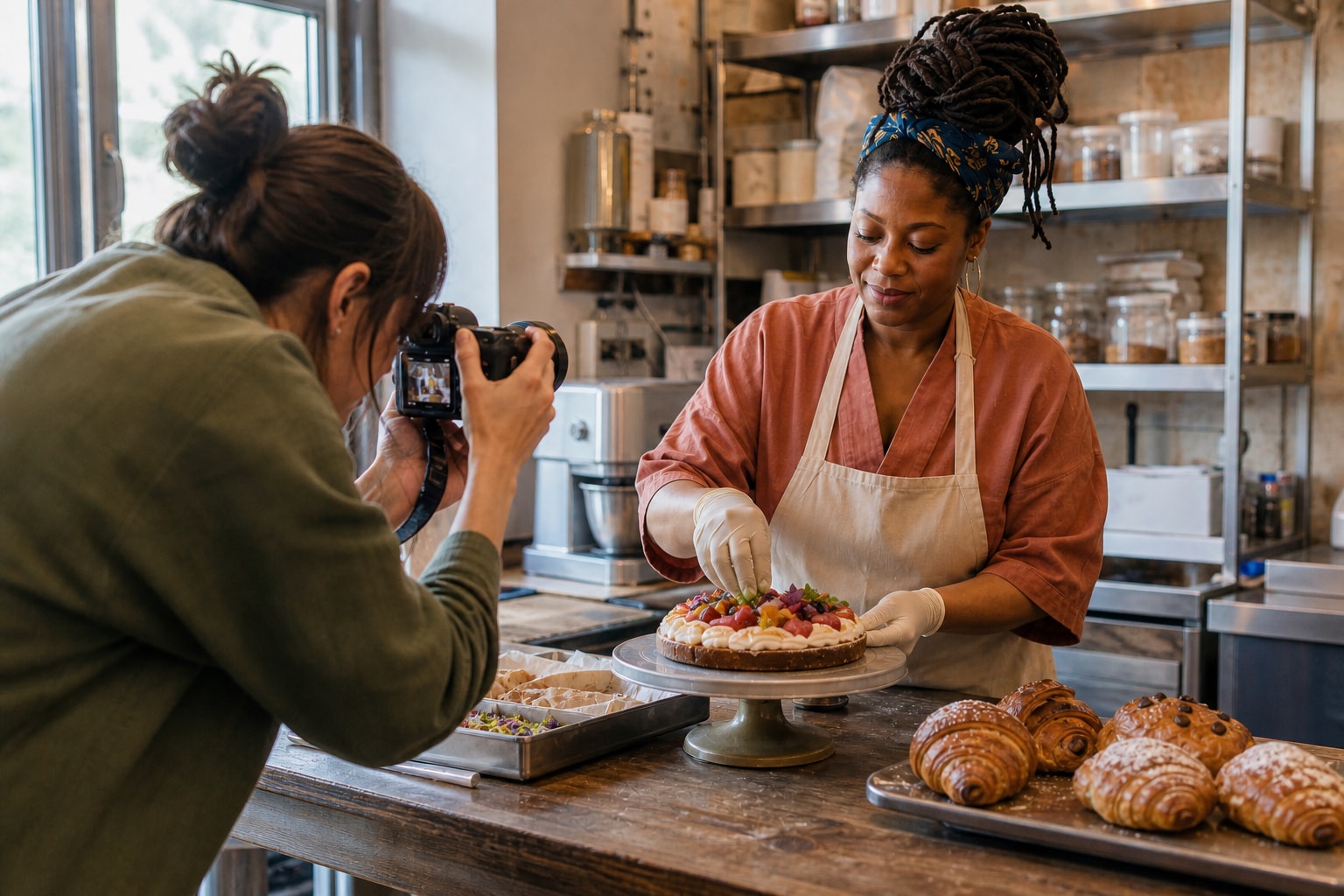 A photographer creating content with an independent bakery owner as she finishes a pastry.