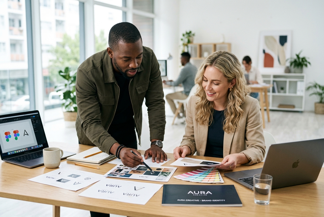 Two creative professionals collaborating over branding materials
