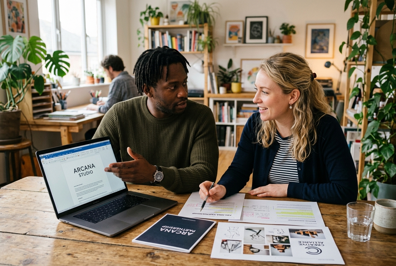 A Black man and a white woman having a focused, practical discussion over a laptop and printed brand materials in a warm creative studio.