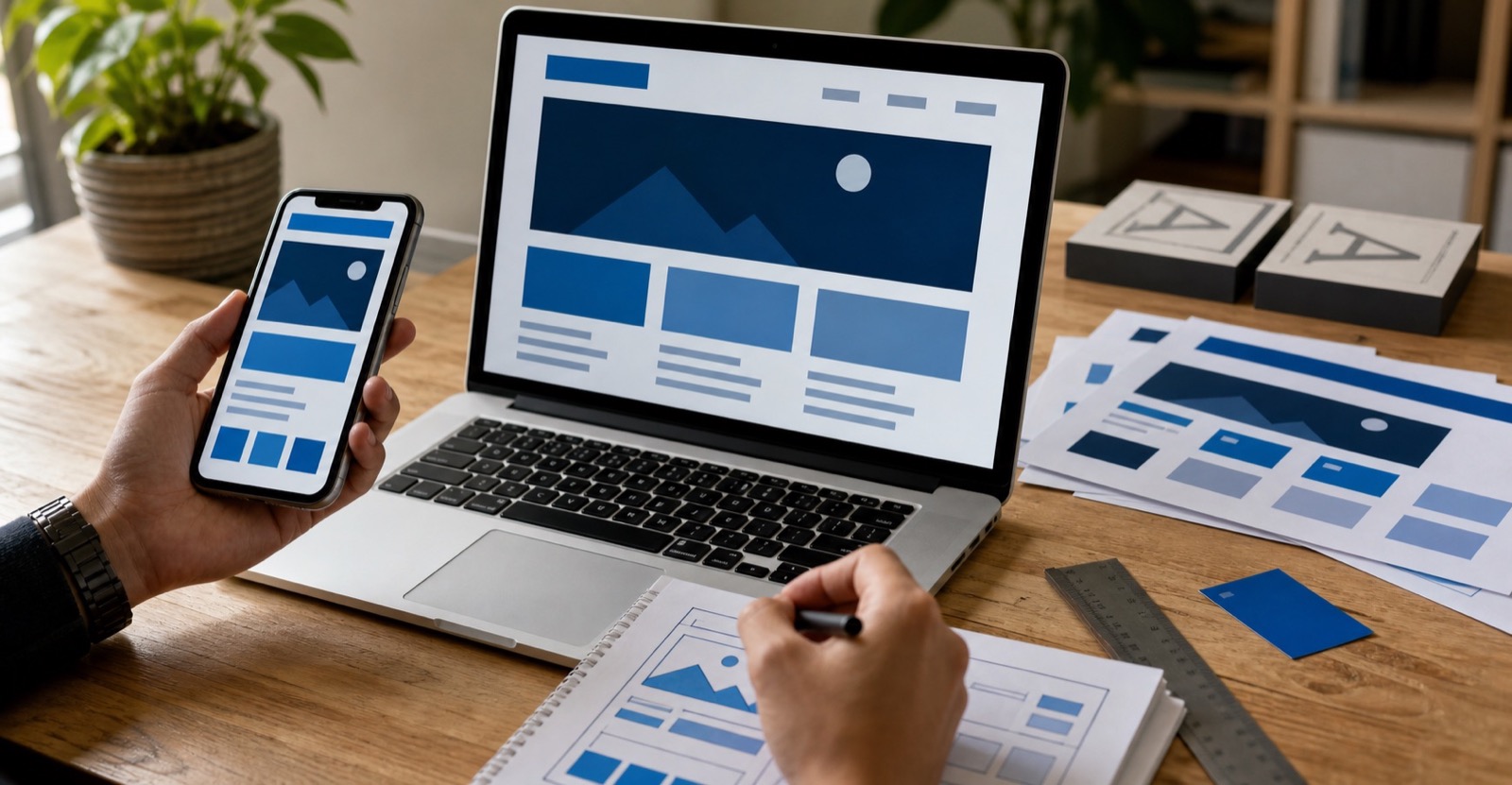 Hands checking an abstract responsive website layout on a laptop and phone.