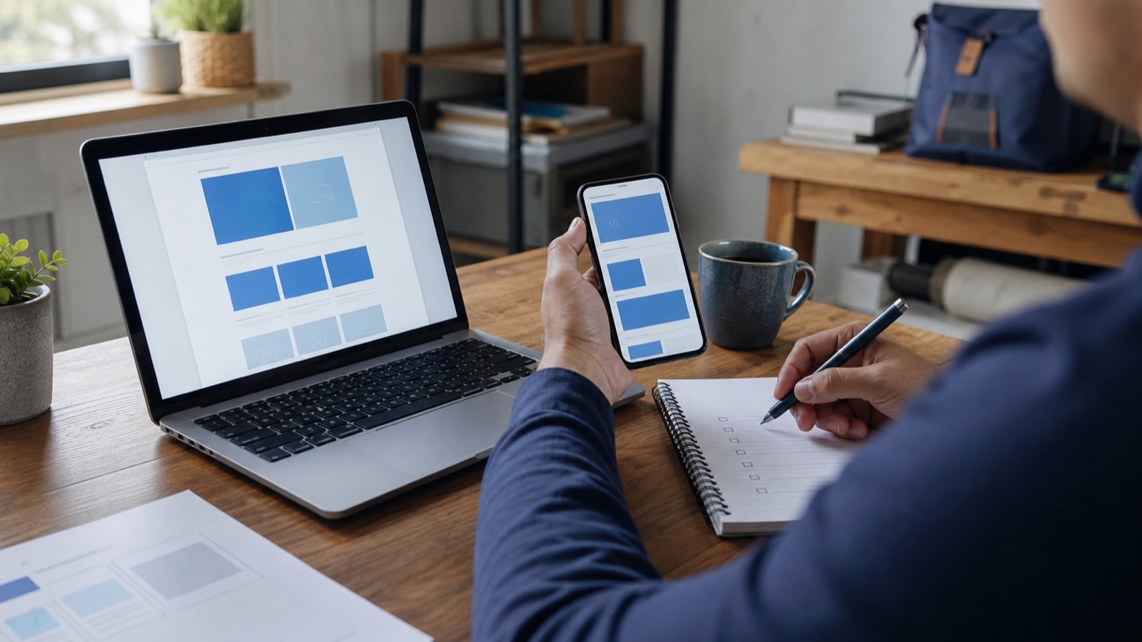 A person comparing an abstract business page on a laptop and phone while taking notes.