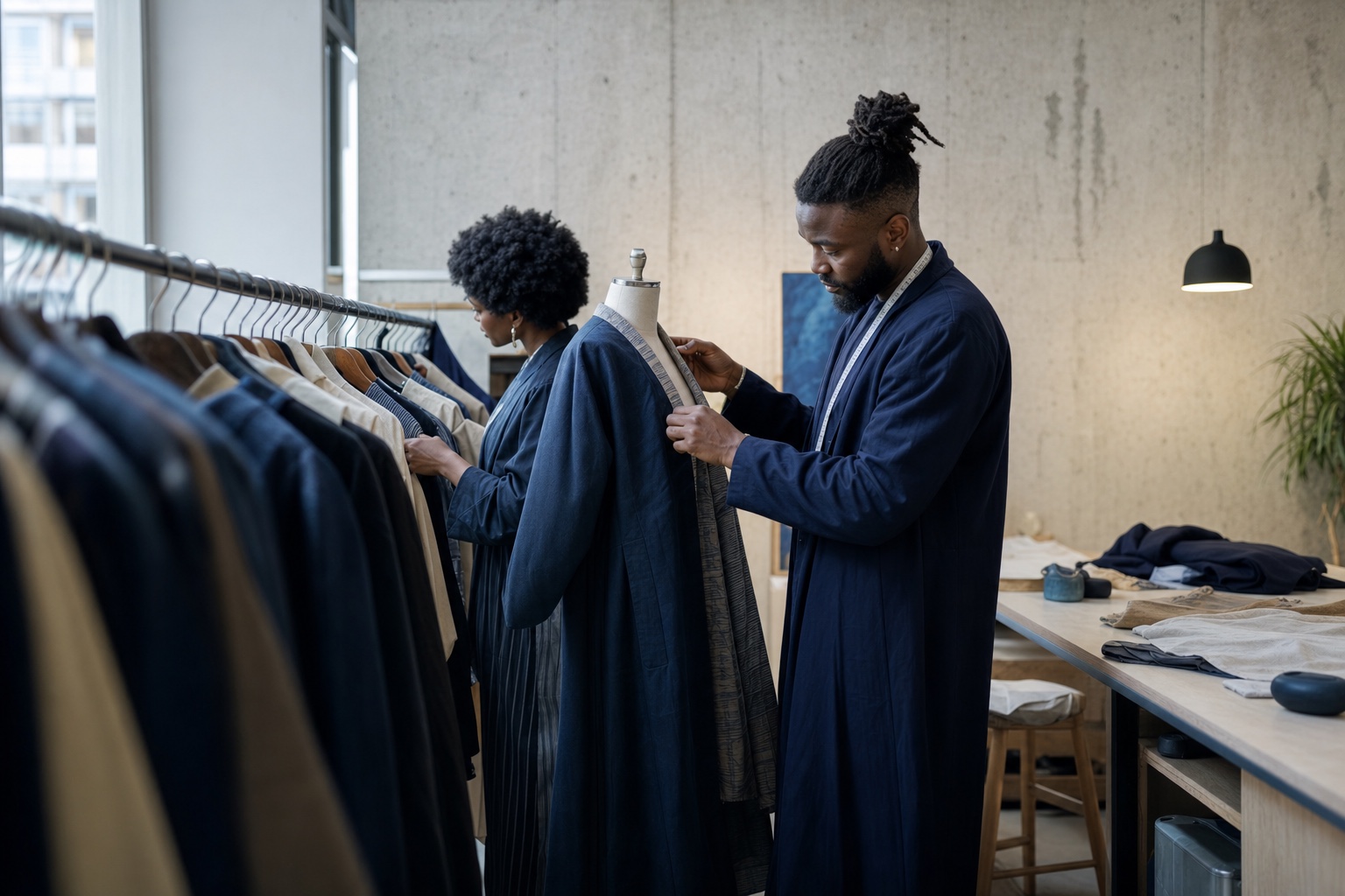 Two Black fashion professionals preparing garments in an independent clothing studio.