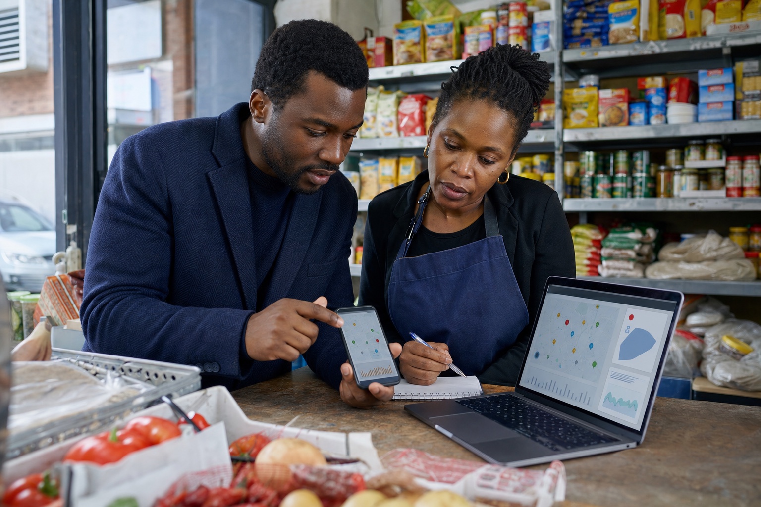 A Black shop owner and consultant reviewing an online listing inside an independent grocery shop.