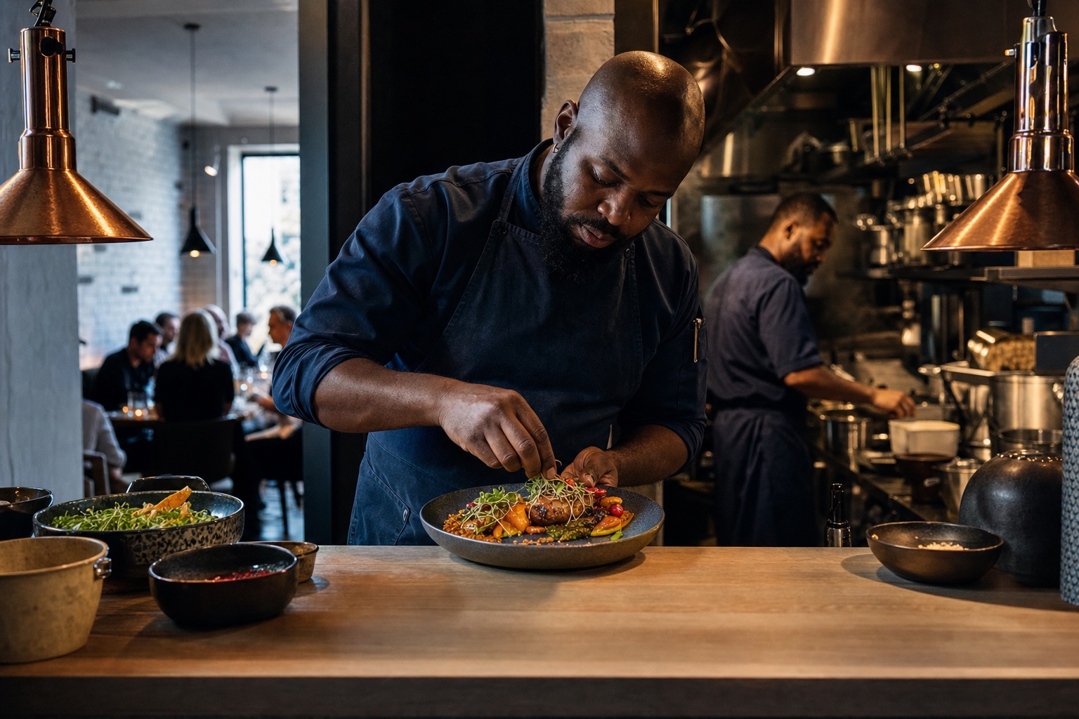 A Black chef-owner plating a dish in his independent restaurant kitchen.