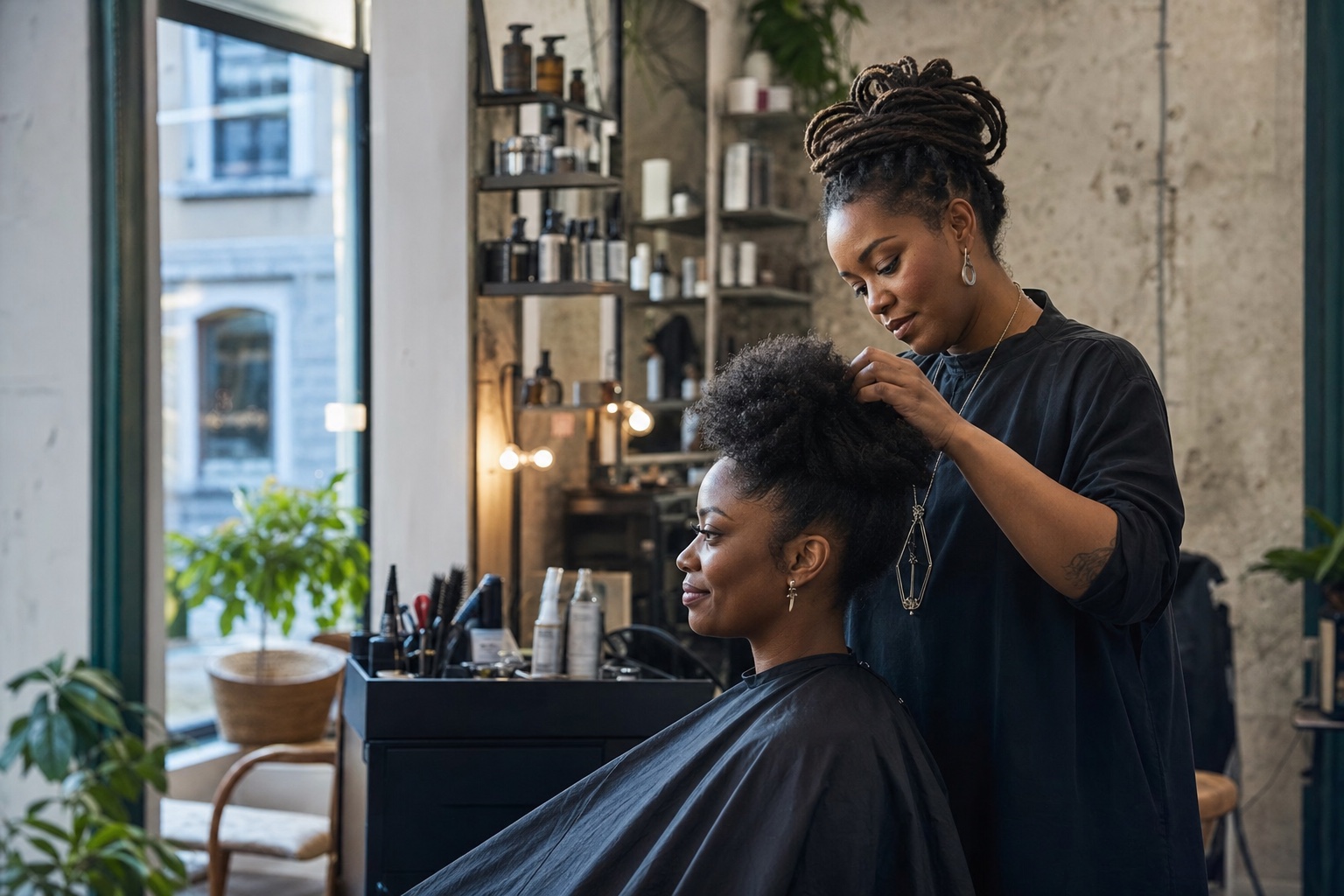 A Black salon owner styling a client's natural hair in an independent salon.