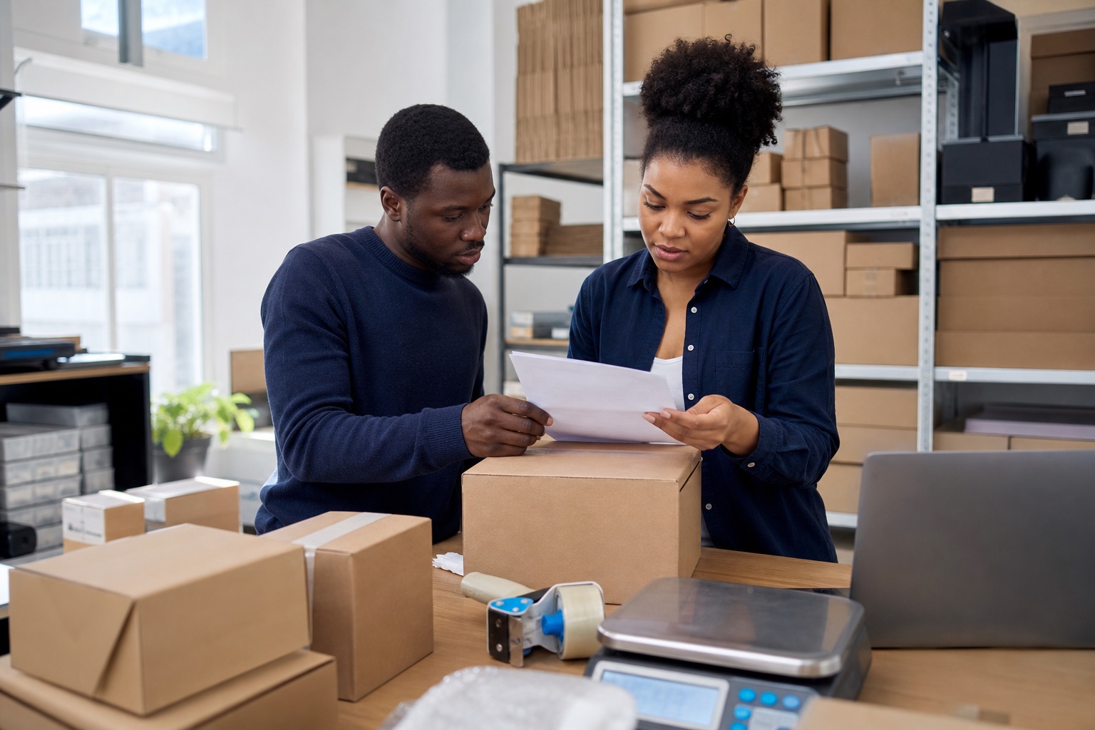 Two Black ecommerce operators checking outgoing parcels in a compact fulfilment workspace.