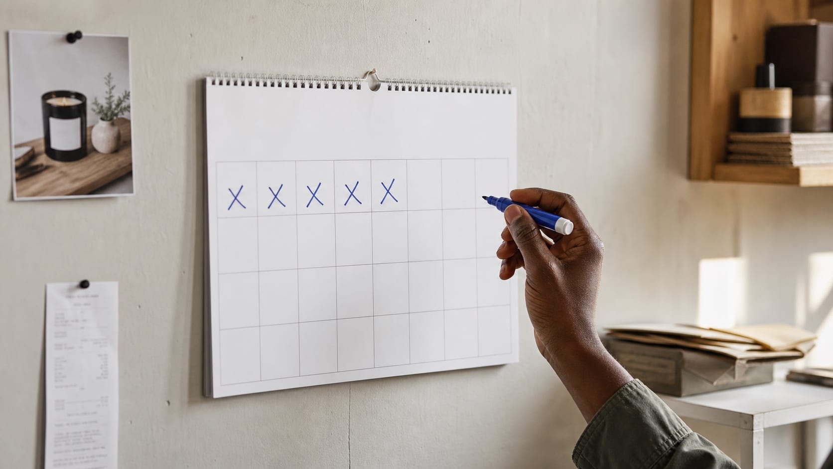 A hand marking completed publishing days on a simple wall calendar.