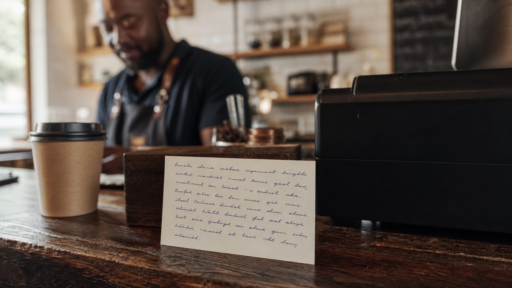 A handwritten customer note on the counter of an independent café.