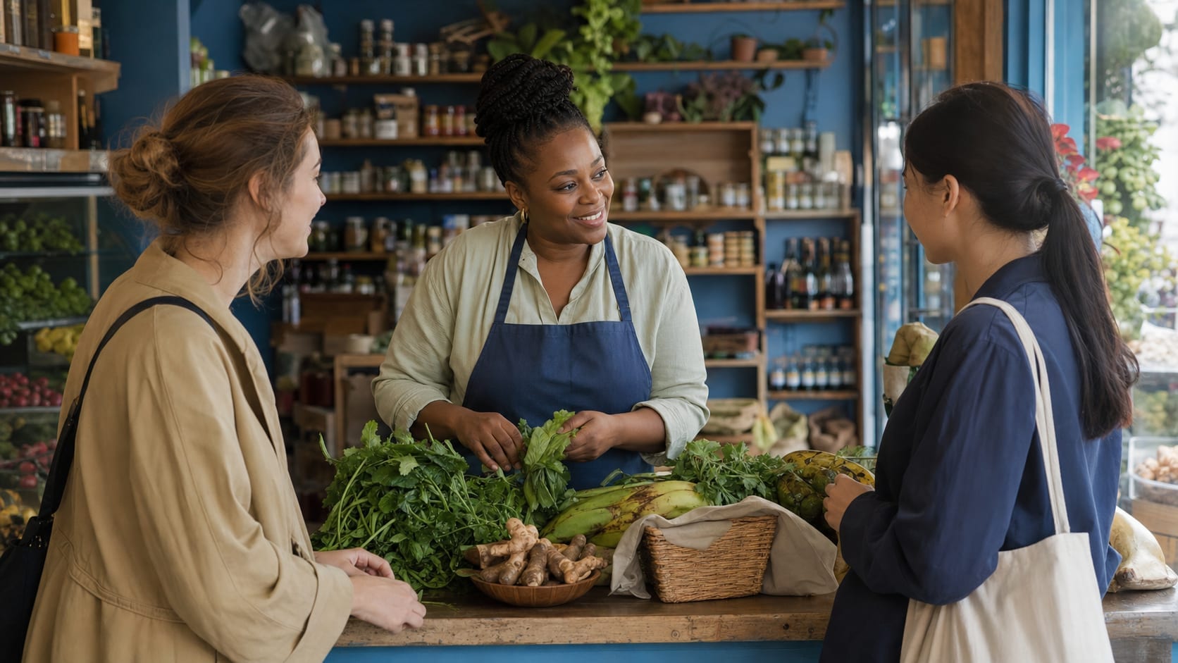 A Black grocery owner welcoming customers from different backgrounds at her produce counter.