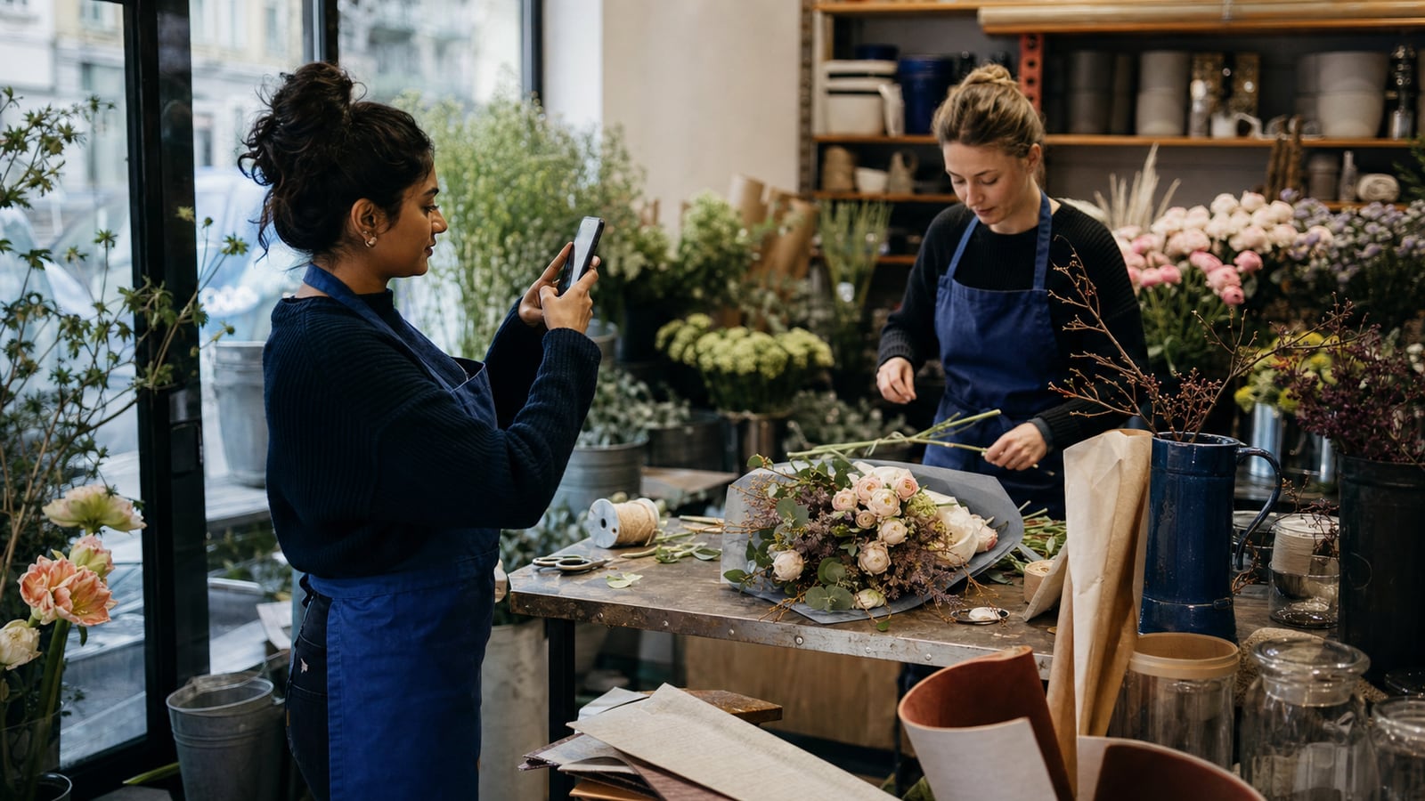 A South Asian florist photographing a colleague preparing an order in a working flower shop.