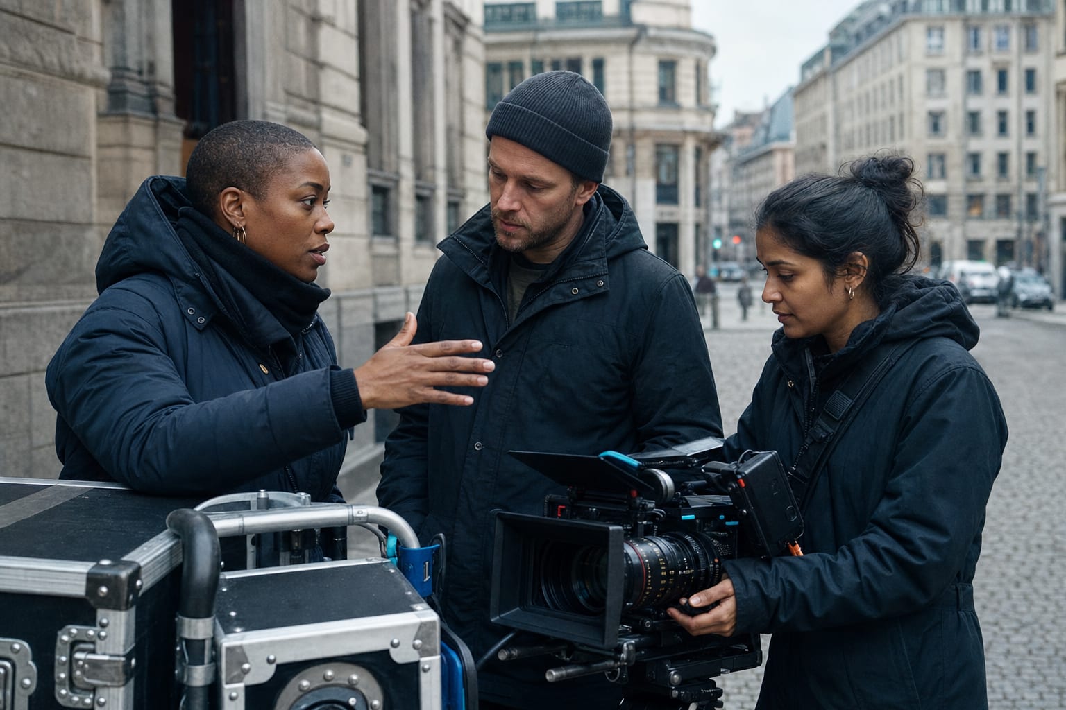 A Black creative director, a white local producer and a South Asian camera professional preparing a European location shoot.