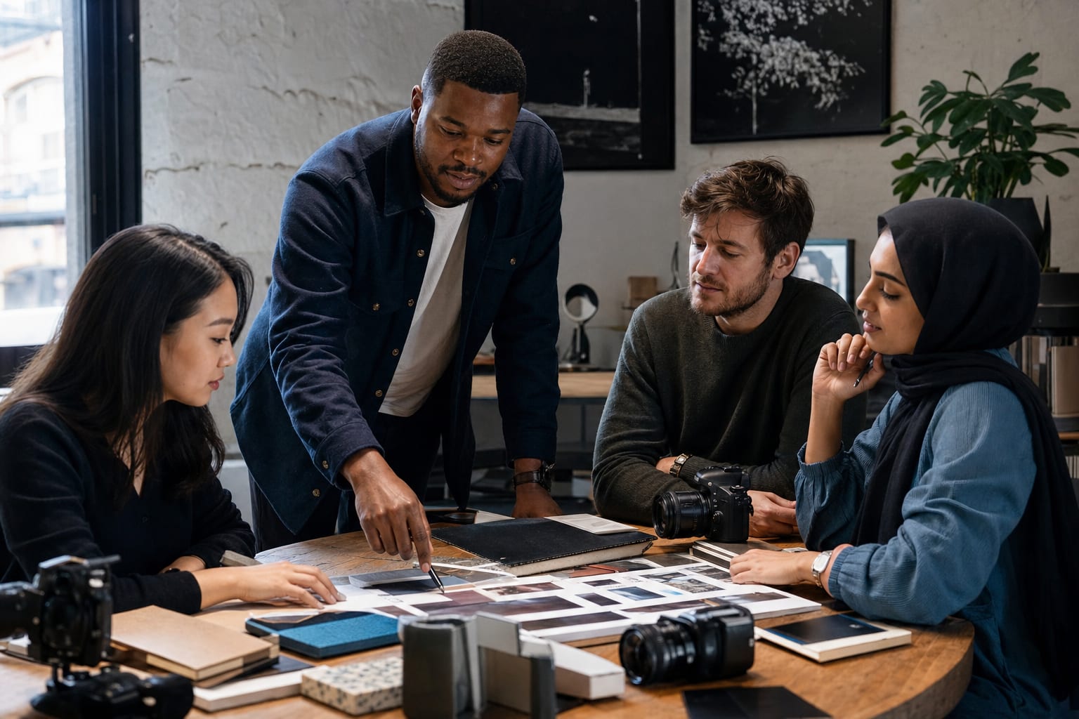 A Black business founder leading a practical discussion with a multicultural European creative team.