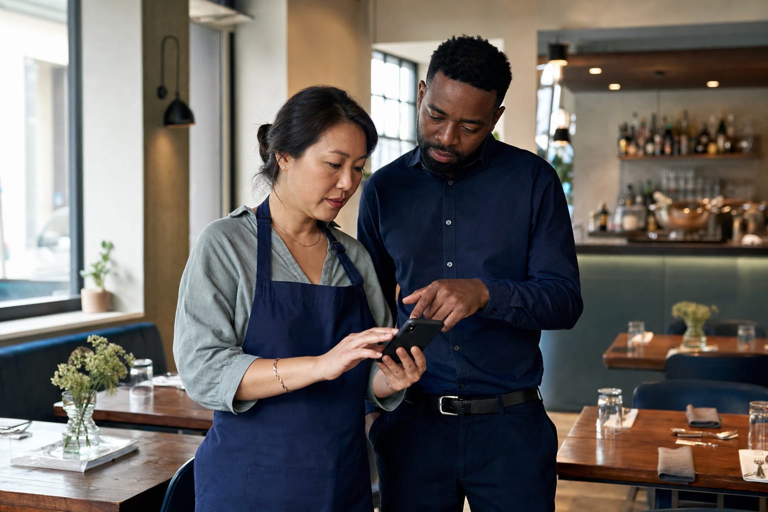 An East Asian restaurant owner and a Black web specialist checking a mobile website before service.