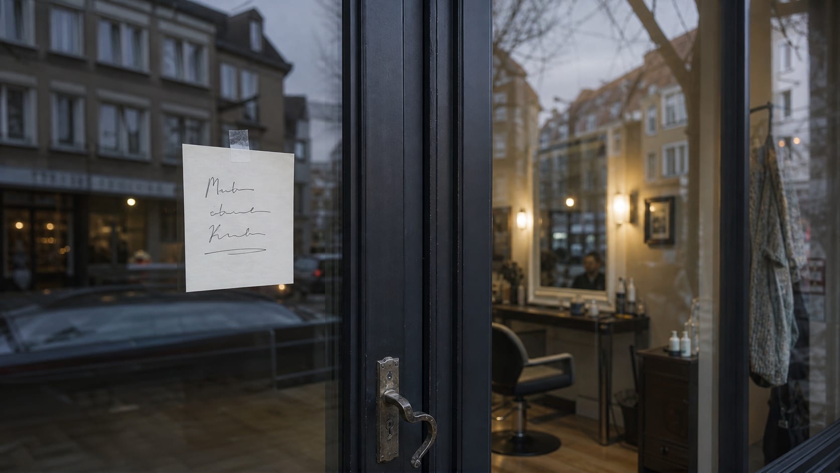 A handwritten note taped inside a salon door, where the published opening hours should be.
