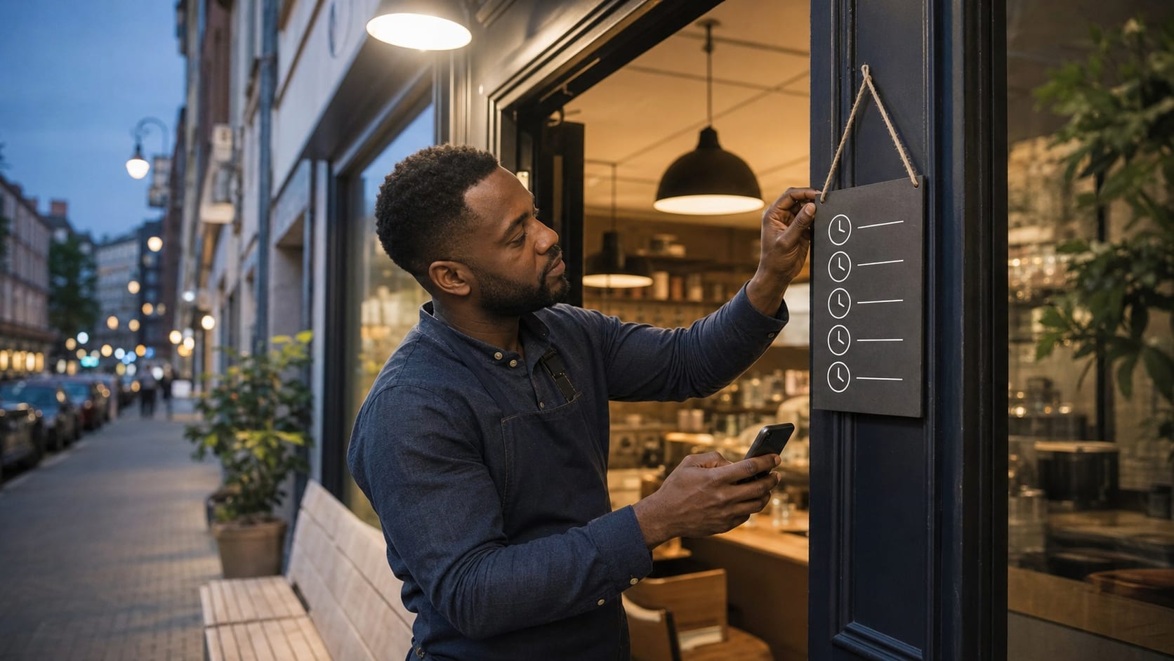 A Black café owner updating a symbol-led opening-hours board while checking his phone.