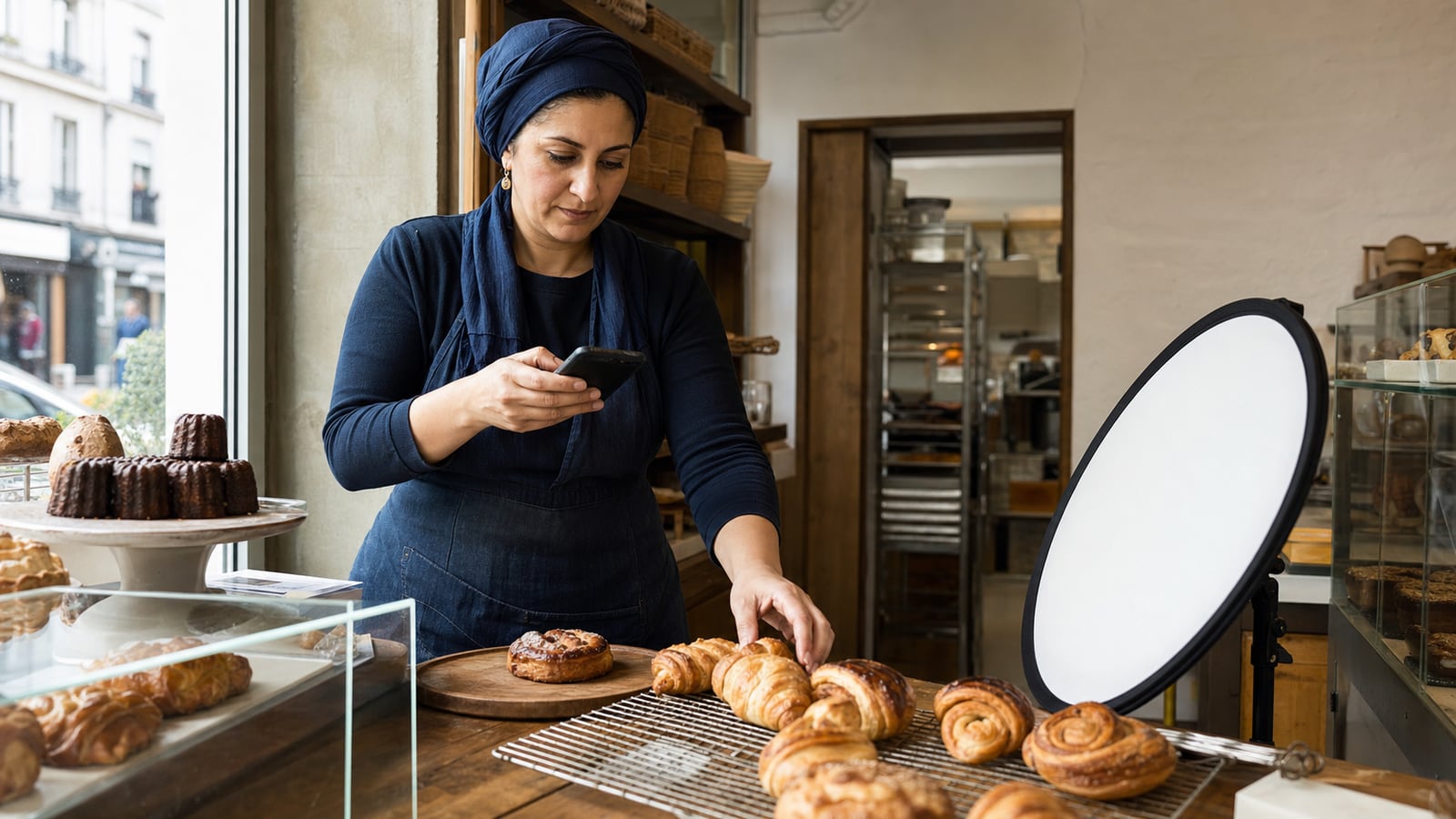 A Middle Eastern bakery owner photographing pastries with a phone beside a window and simple reflector.
