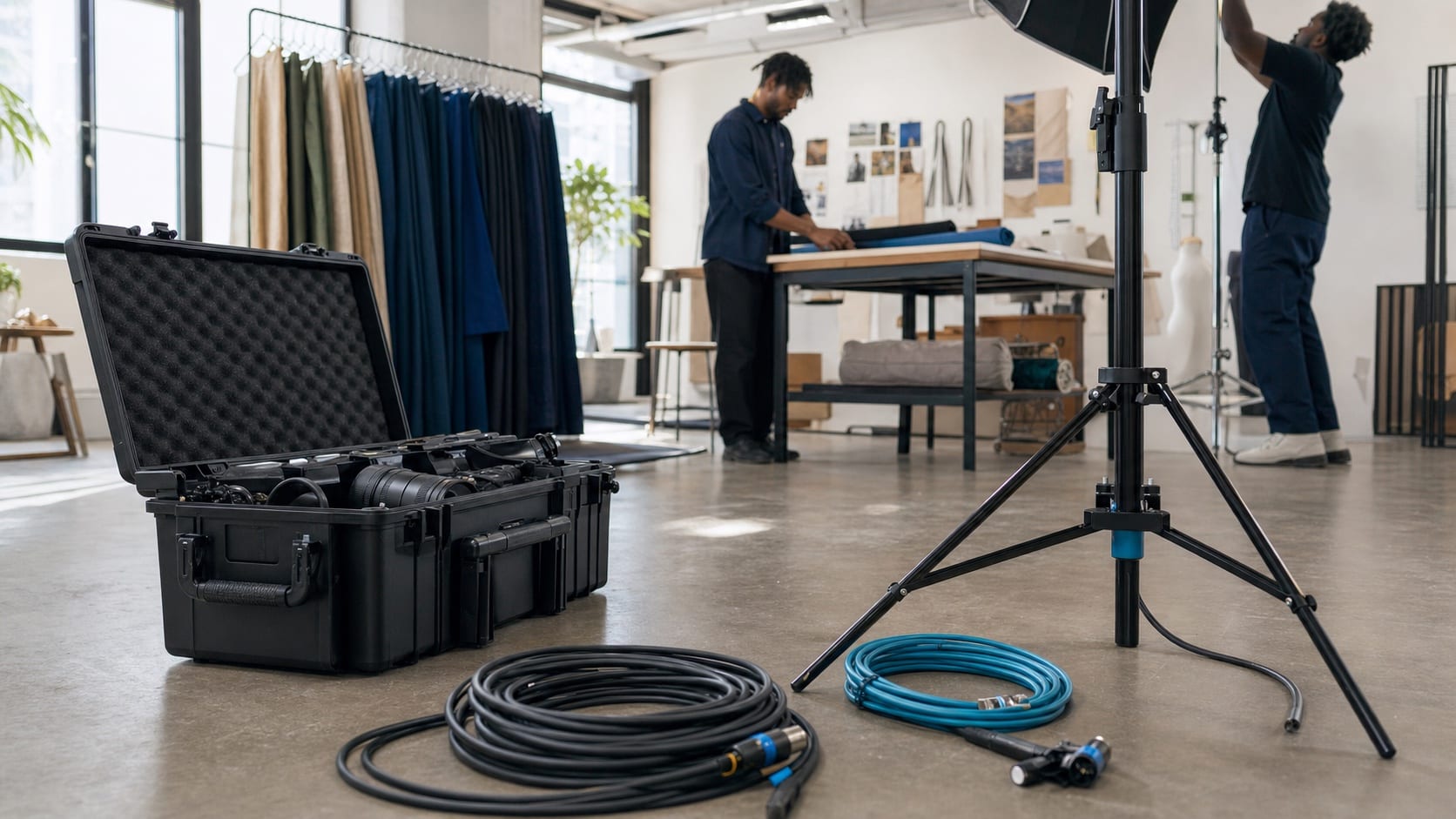 A production team preparing equipment and a set before a commercial shoot.