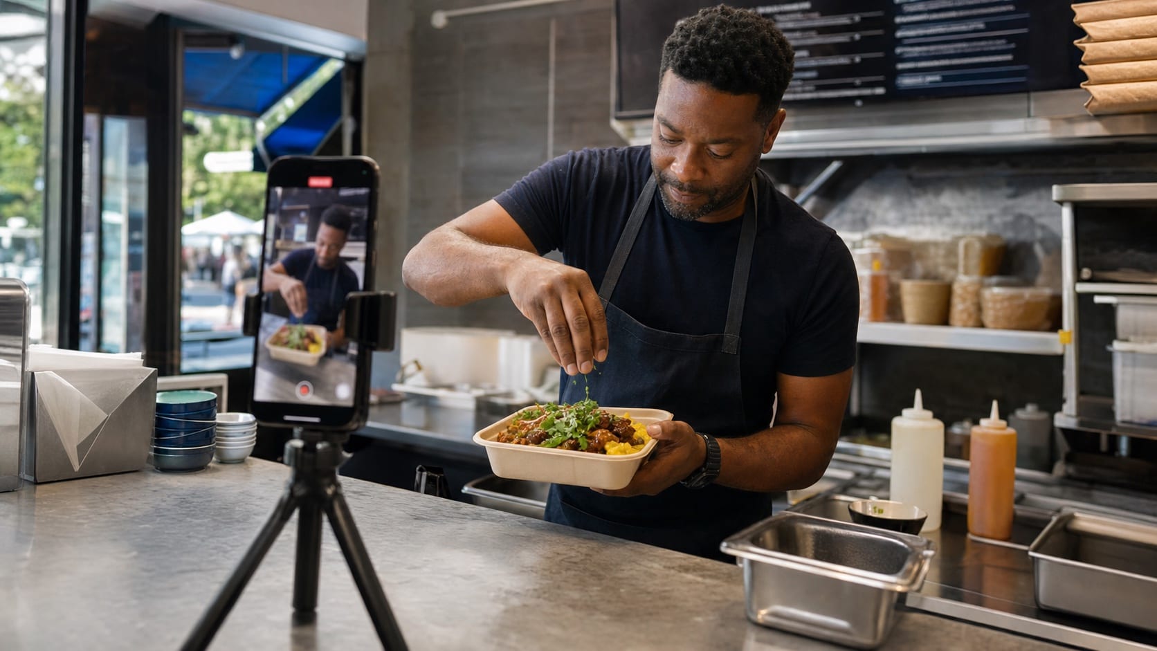 A Black restaurant owner recording a short food video in his kitchen.