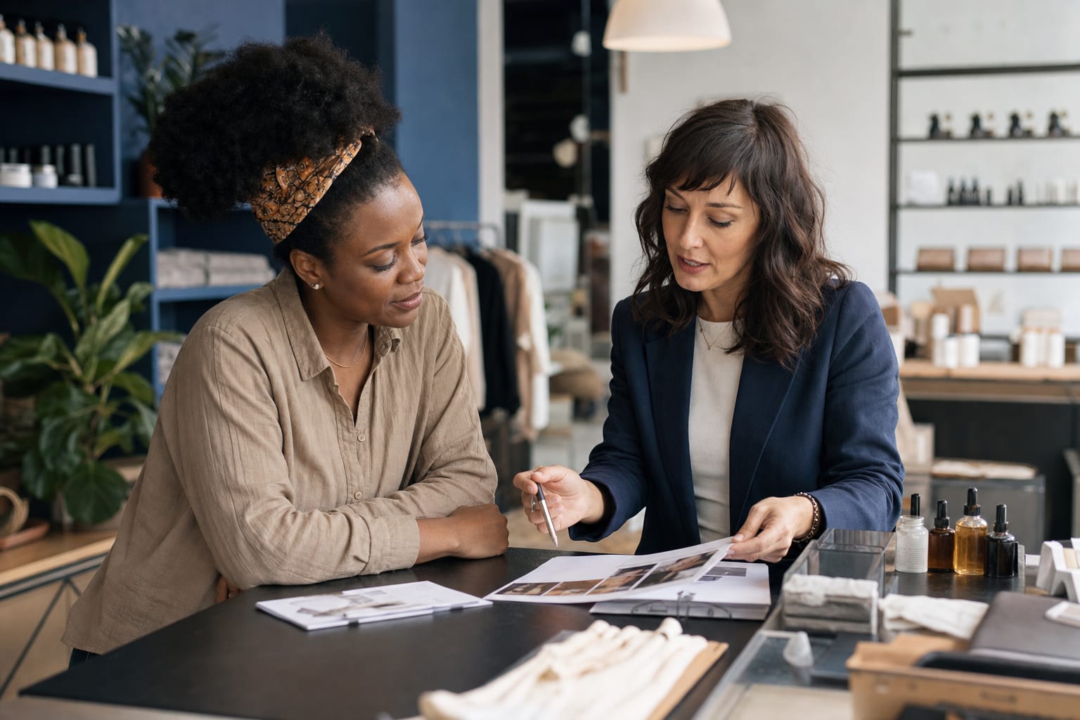 A Black shop owner and a white European strategist discussing content-service scope at a retail worktable.