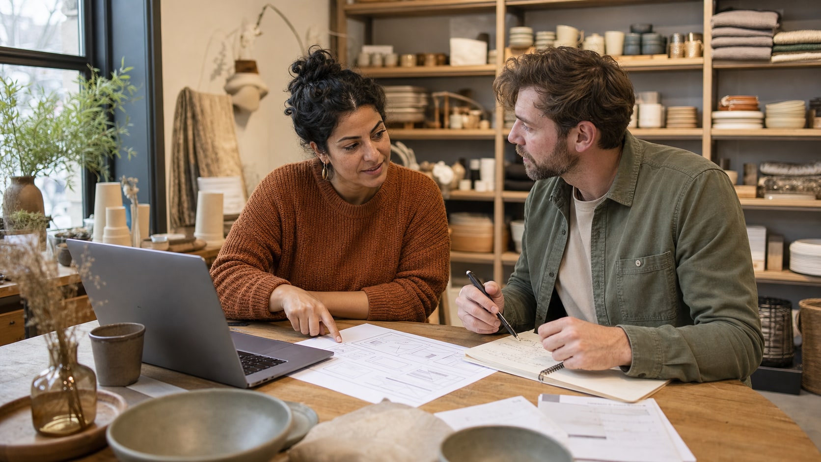 A Middle Eastern homeware-shop owner and white web specialist discussing a website scope beside a laptop and handwritten notes.