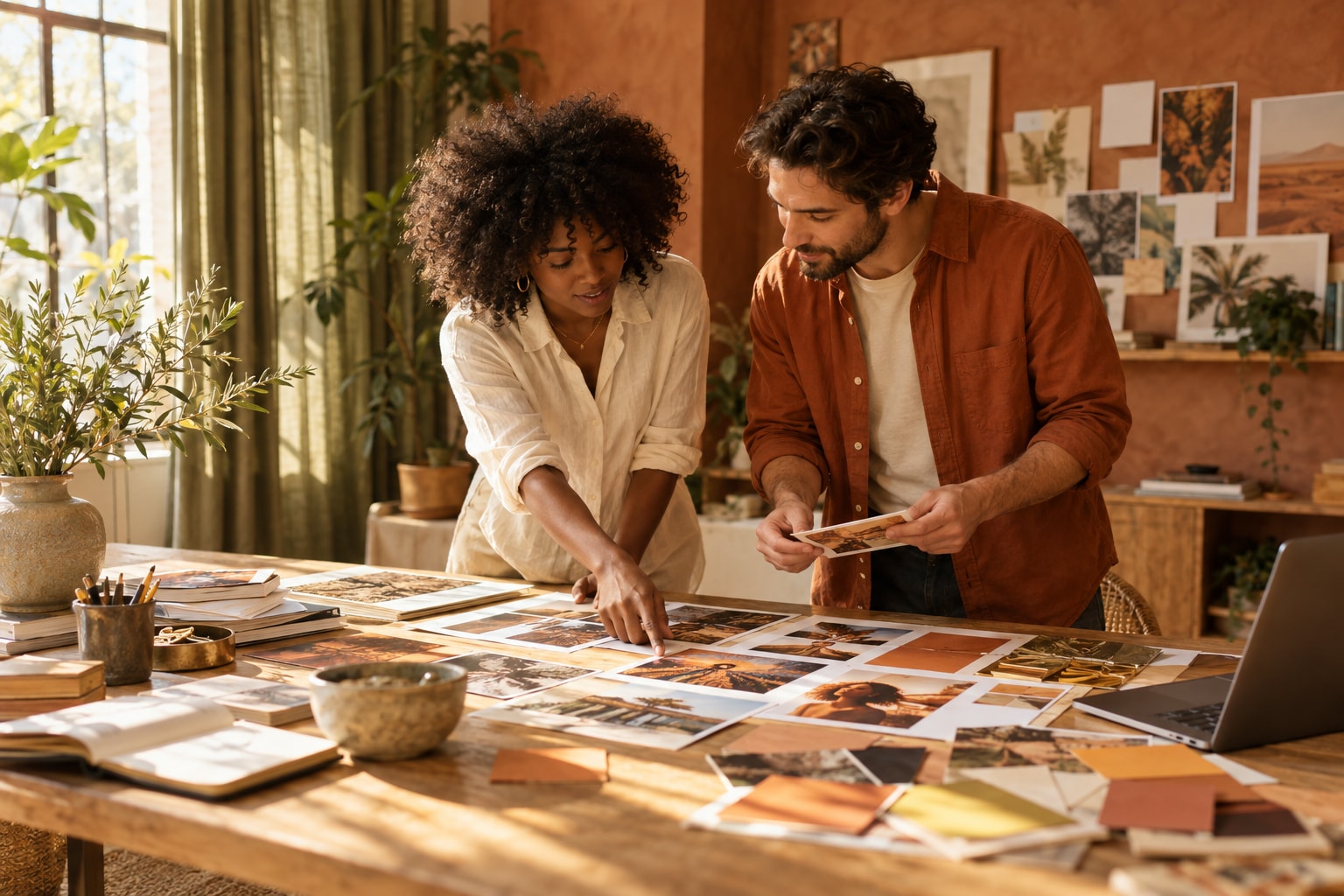 Two people selecting campaign photographs in a sunlit terracotta studio.
