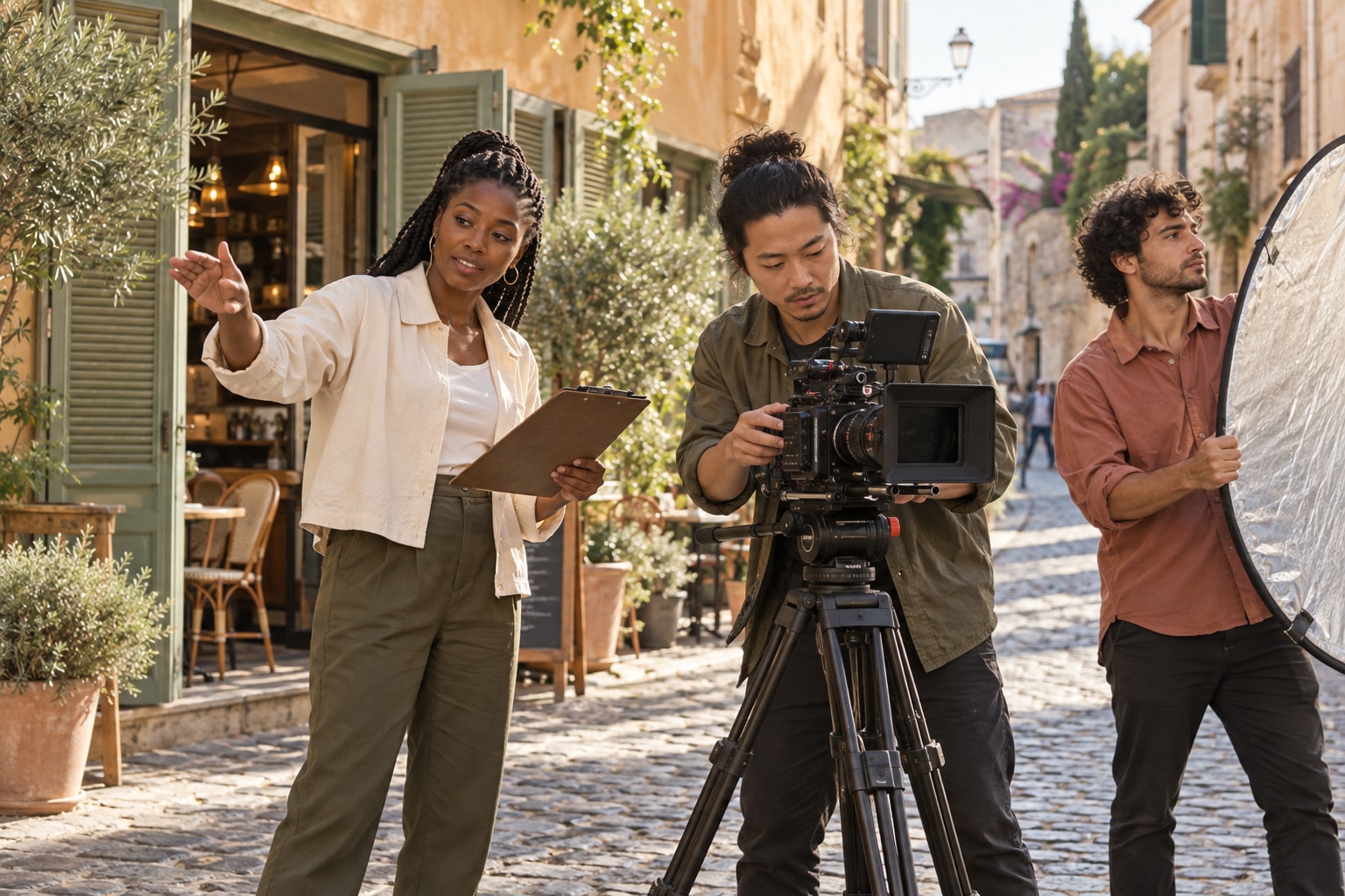 A producer, camera operator and crew member preparing a shoot on a warm European street.