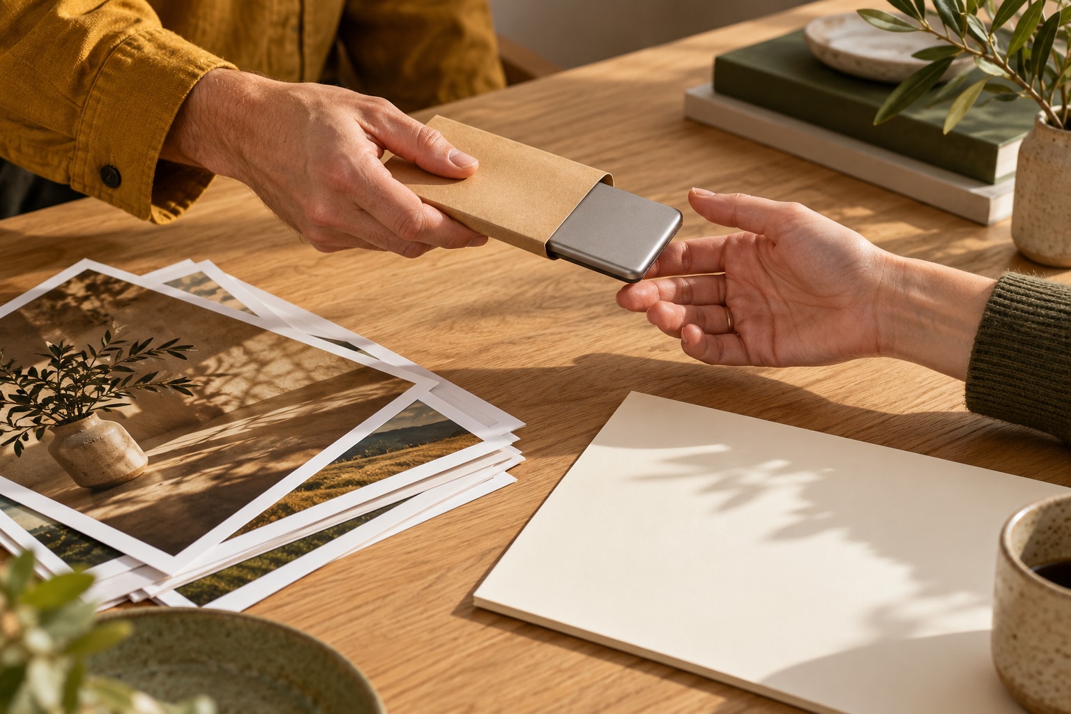 Illustrative handover of a portable drive beside photographic prints on an oak table.