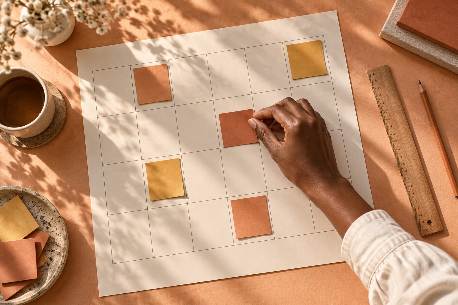 Illustrative planning scene with a hand arranging ochre and terracotta notes on a paper calendar.