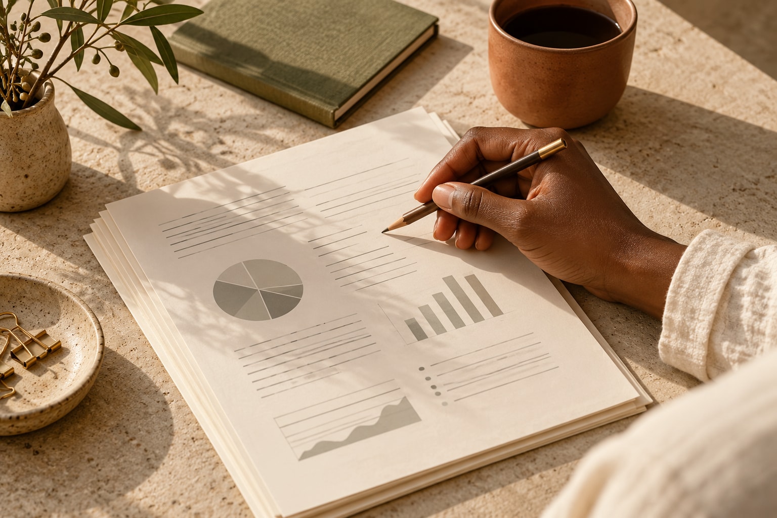 Illustrative review of paper report sheets beside an olive notebook and terracotta cup.