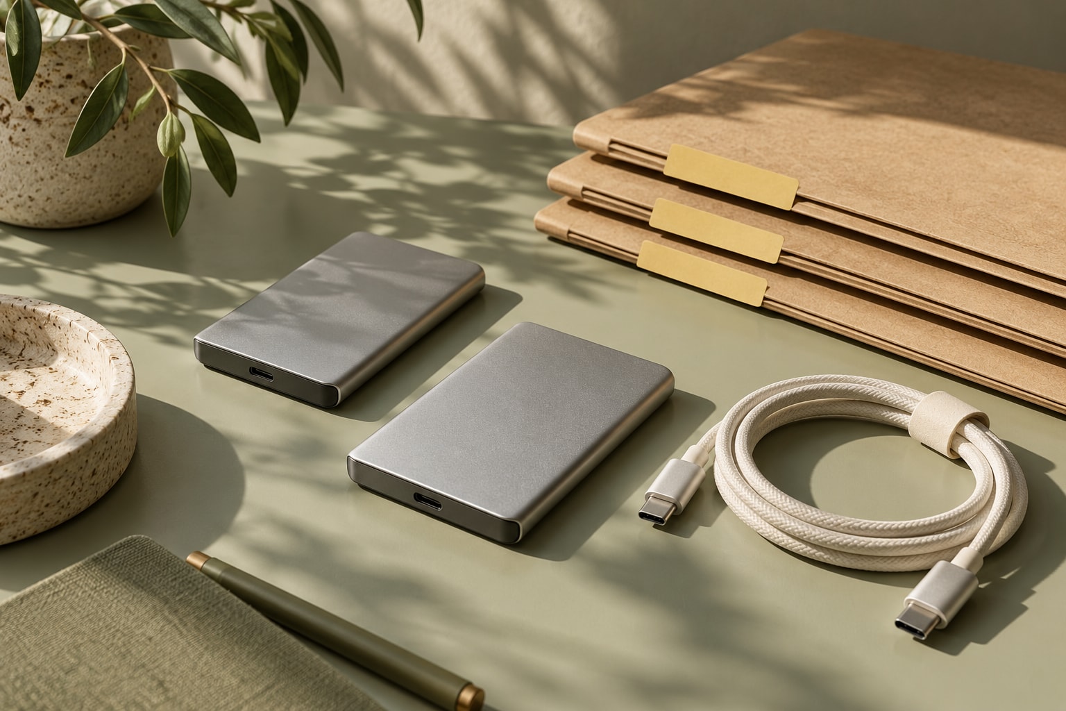 Illustrative still life of portable drives and kraft folders on a pale sage desk.