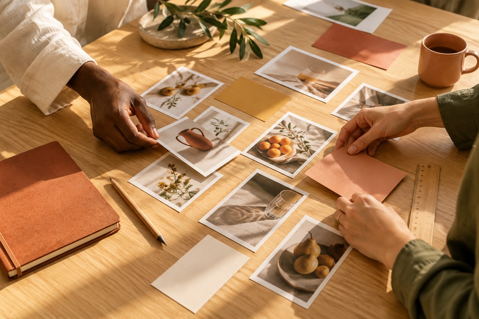 Illustrative planning scene: two collaborators arrange photographs and paper cards on a sunlit oak table.