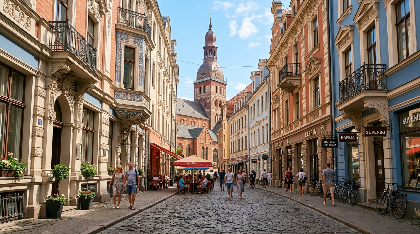 A beautiful, authentic photograph of Riga's Old Town featuring cobblestone streets and Art Nouveau architecture on a bright sunny day.