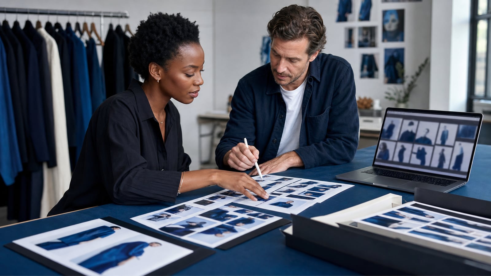 A Black clothing-brand owner and white photographer selecting finished photographs from contact sheets and a laptop.