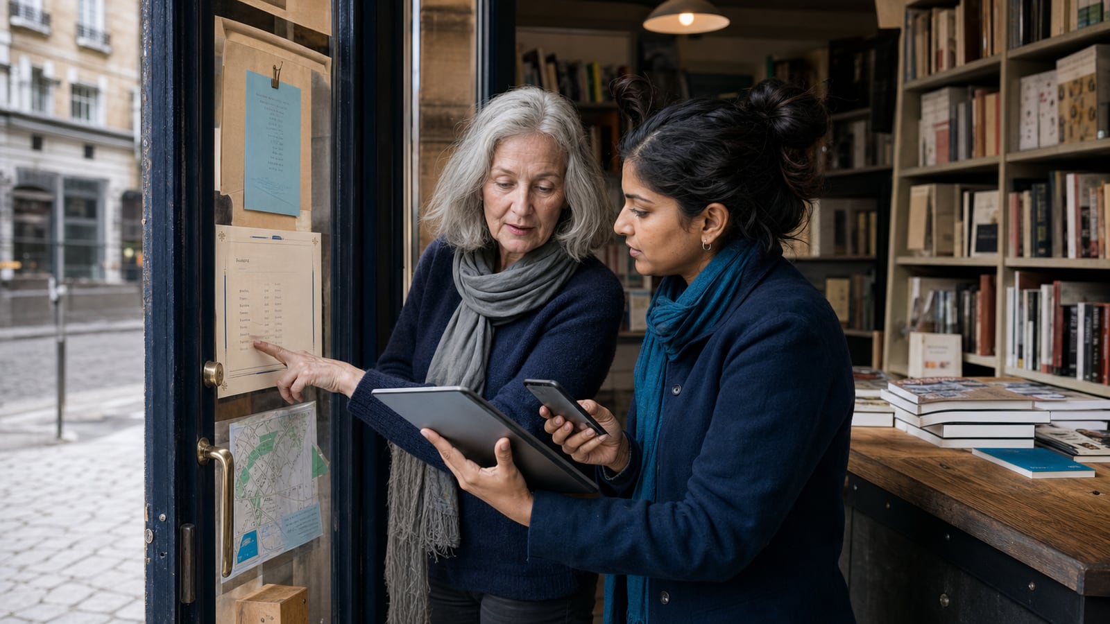 A white bookshop owner and South Asian visibility specialist comparing doorway information with a tablet and phone.