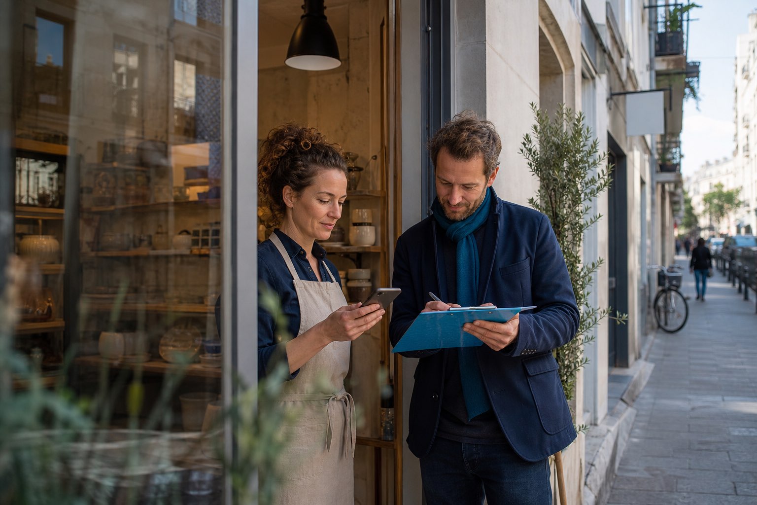 A shop owner and consultant checking business information together at the shop entrance.