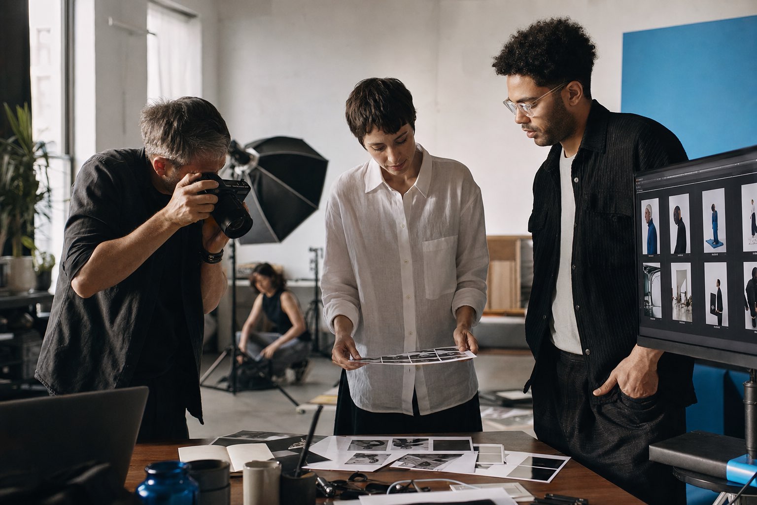 A photographer, producer and strategist reviewing a commercial production together in a studio.