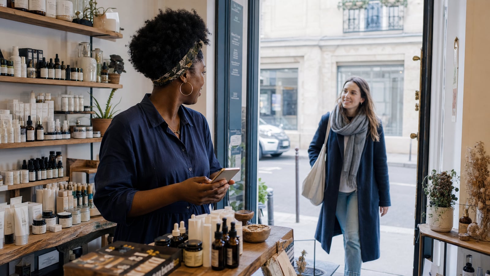 A Black skincare-shop owner holding a phone as a white customer enters from the street.